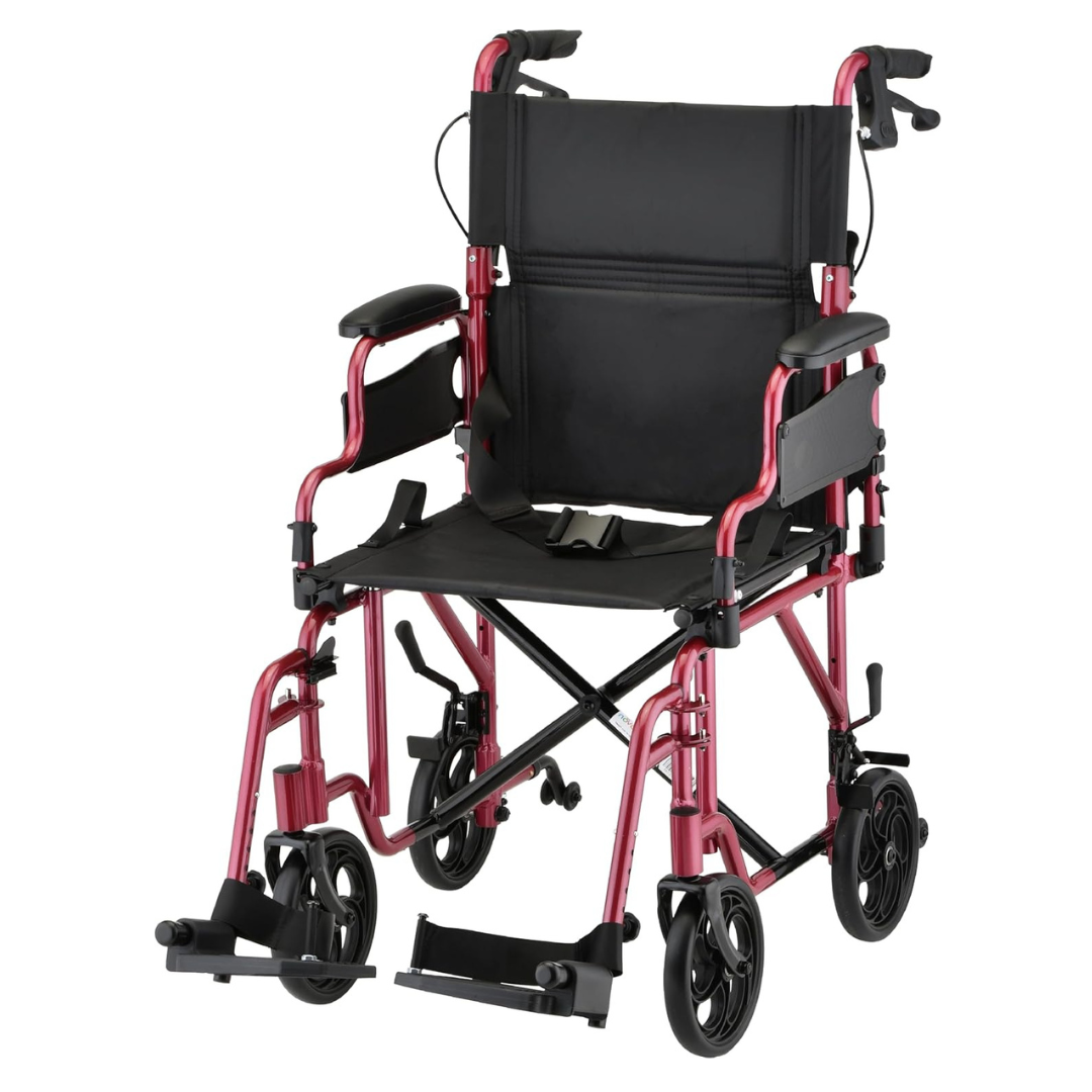 The Nova Medical 350 Lightweight Aluminum Folding Transport Chair features a red metal frame, black seat and backrest, flip-up desk arms, footrests, hand brakes, and four small wheels for easy mobility and convenient transport.